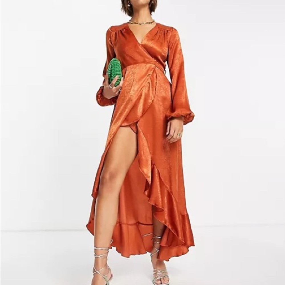 Flounce London Satin Long-Sleeve Wrap Maxi Dress in Cinnamon